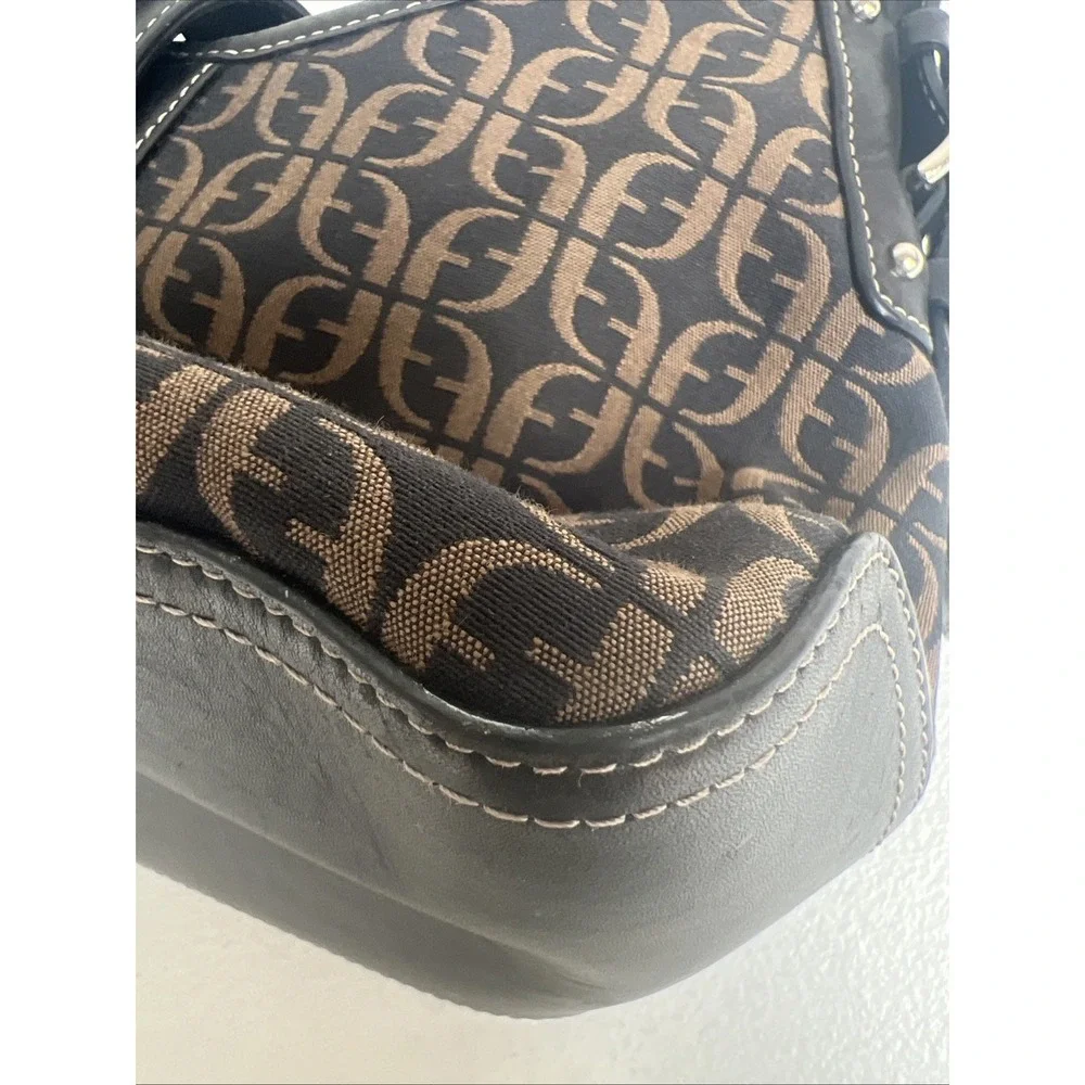 Fossil HOBO Signature Logo Monogram Brown Canvas & Leather Shoulder Bag